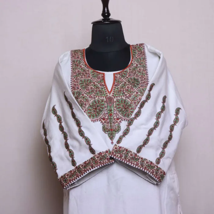 Cream White Cashmilon Needle Embroidered Feran | Pheran with Sleeve Work - Babedemb Collection