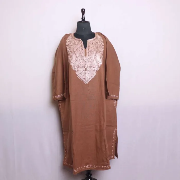 Classic Light Brown Kashmiri Zari Embroidered Loose Cashmilon Pheran - Babedemb Collection - Image 2