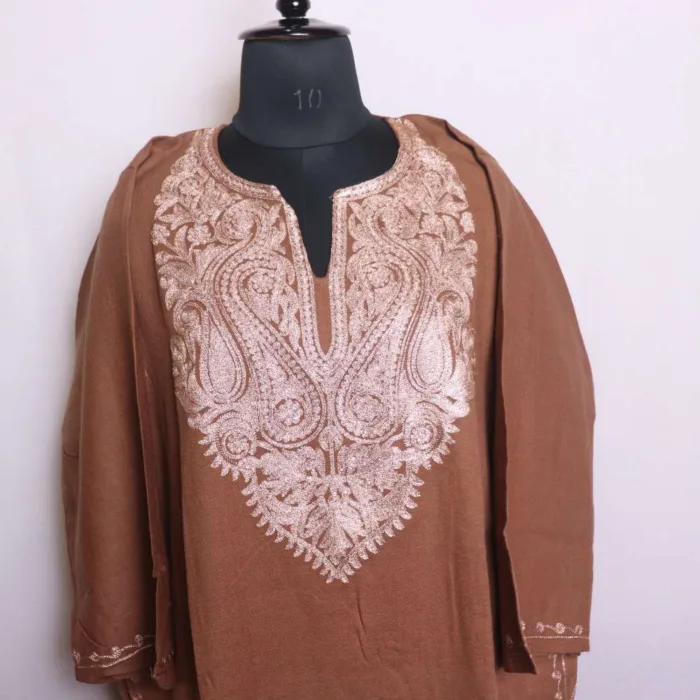 Classic Light Brown Kashmiri Zari Embroidered Loose Cashmilon Pheran - Babedemb Collection