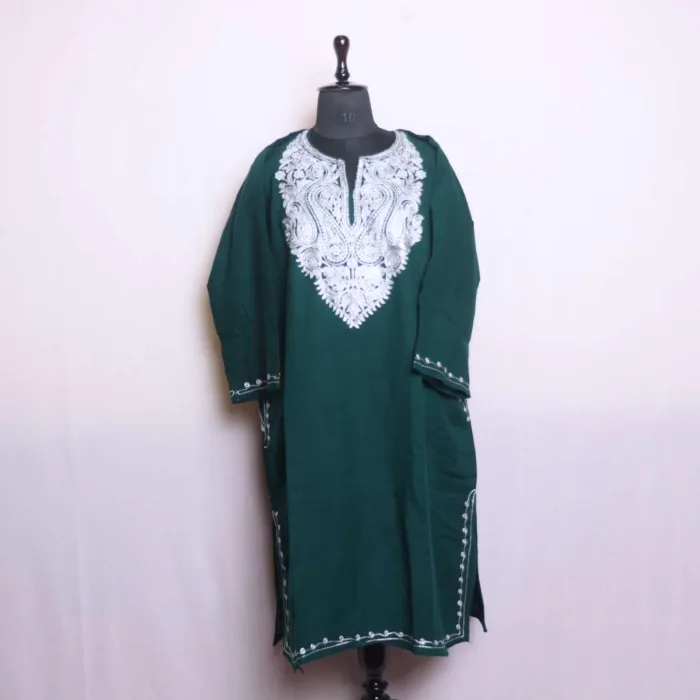 Warm and Elegant Zari Embroidered Dark Green Pheran in Cashmilon - Babedemb Collection - Image 2