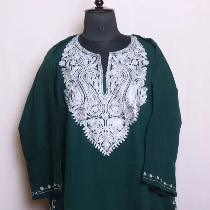 Warm and Elegant Zari Embroidered Dark Green Pheran in Cashmilon - Babedemb Collection