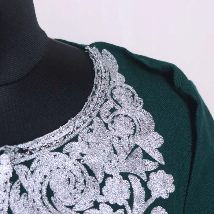 Warm and Elegant Zari Embroidered Dark Green Pheran in Cashmilon - Babedemb Collection - Image 3