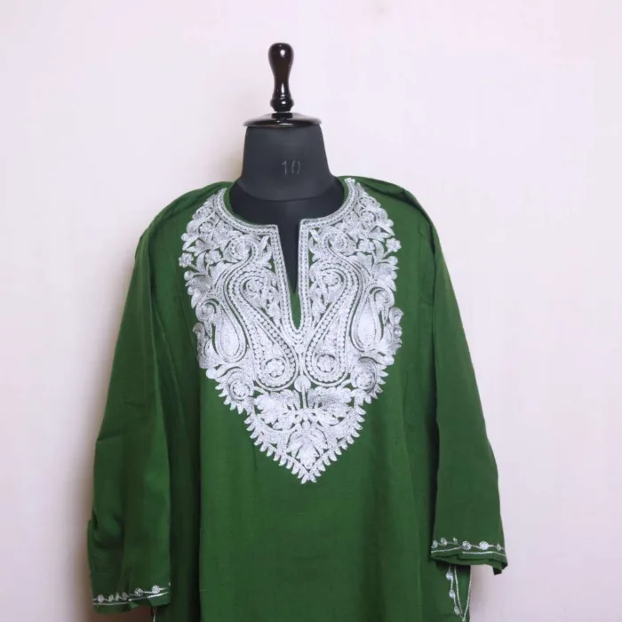 Forest Green Winter Wear Cashmilon Zari Pheran with Elegent Embroidery - Babedemb Collection