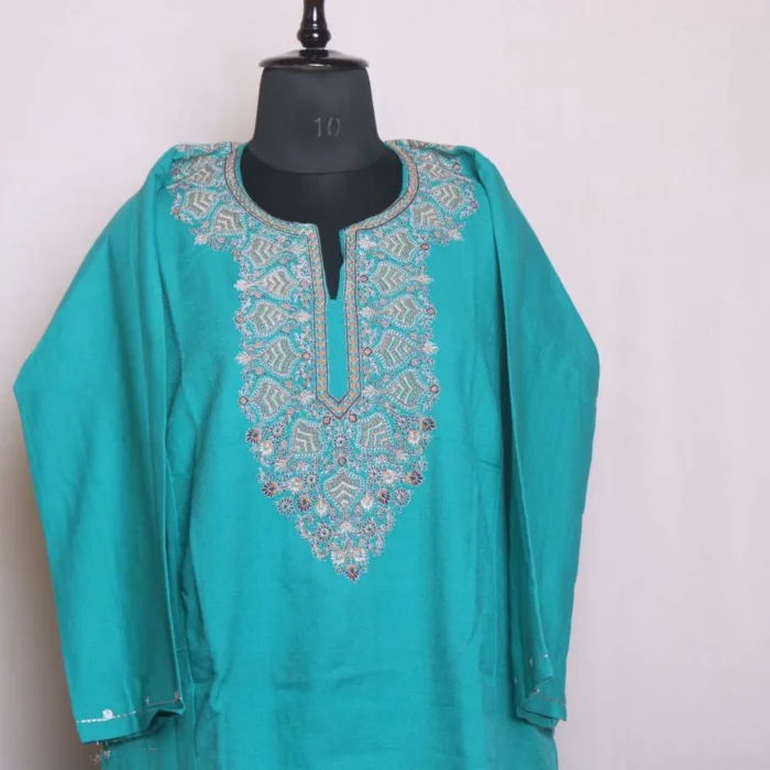 Stylish Aqua Blue Needle and Zari Work Pheran in Soft Cashmilon - Chattabal Collection