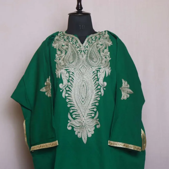 Sophisticated Darl Green Zari Embroidered Cashmilon Pheran | Feran - Chattabal Collection