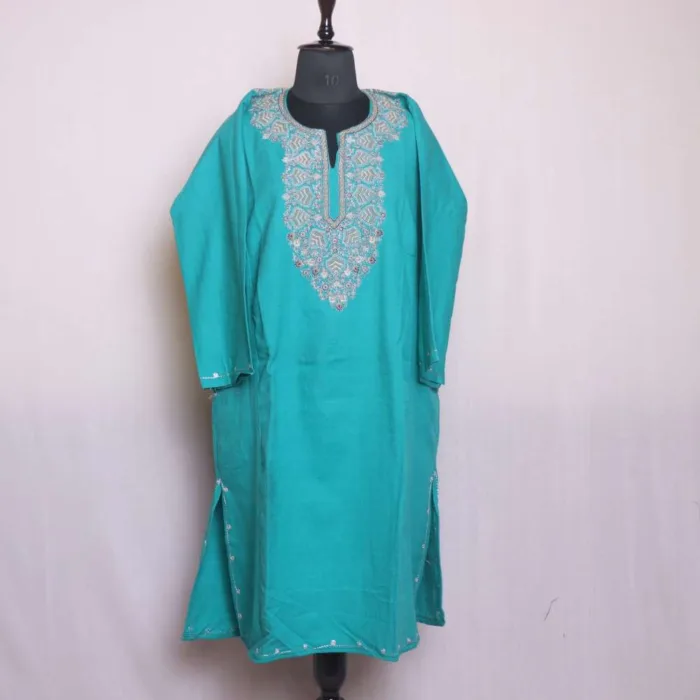 Stylish Aqua Blue Needle and Zari Work Pheran in Soft Cashmilon - Chattabal Collection - Image 2