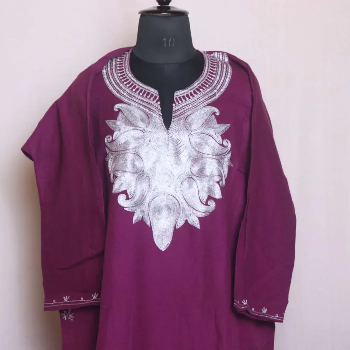 Beautiful Purple Zari Embroidered Cashmilon Pheran - Chattabal Collection