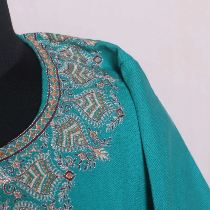 Stylish Aqua Blue Needle and Zari Work Pheran in Soft Cashmilon - Chattabal Collection - Image 3