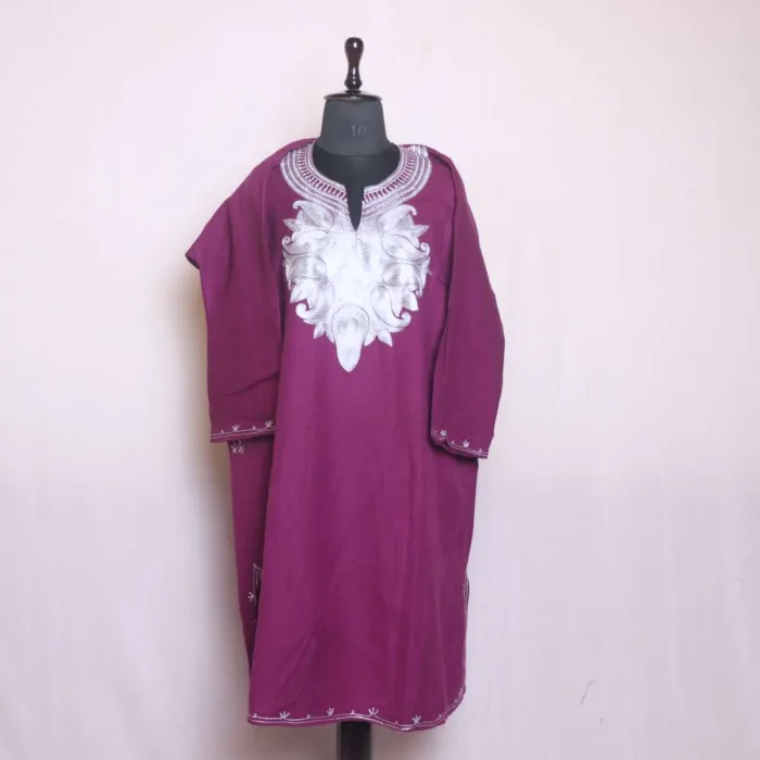 Beautiful Purple Zari Embroidered Cashmilon Pheran - Chattabal Collection - Image 2