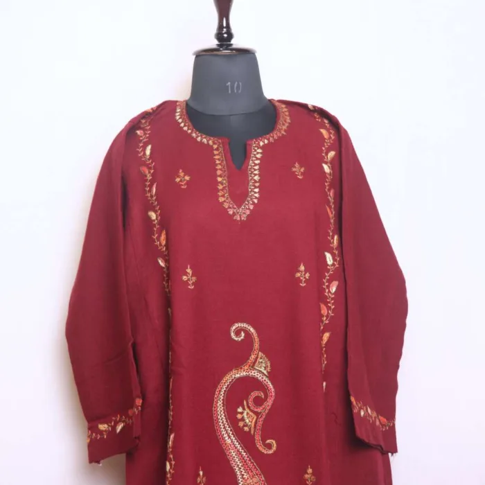 Elegant Maroon Kashmiri Needlework Pheran in Cashmilon for Winter - Saidakadal Collection [51, 39] - Image 2