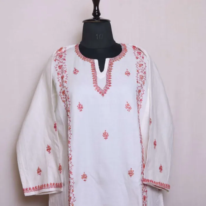 Winter Cream Color Needlework Pheran for Women in Cashmilon Fabric - Saidakadal Collection [49, 43] - Image 2