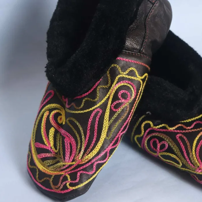 Black Leather Socks with Black Fur and Ari Embroidery (7) - Bakhtawar - Image 2