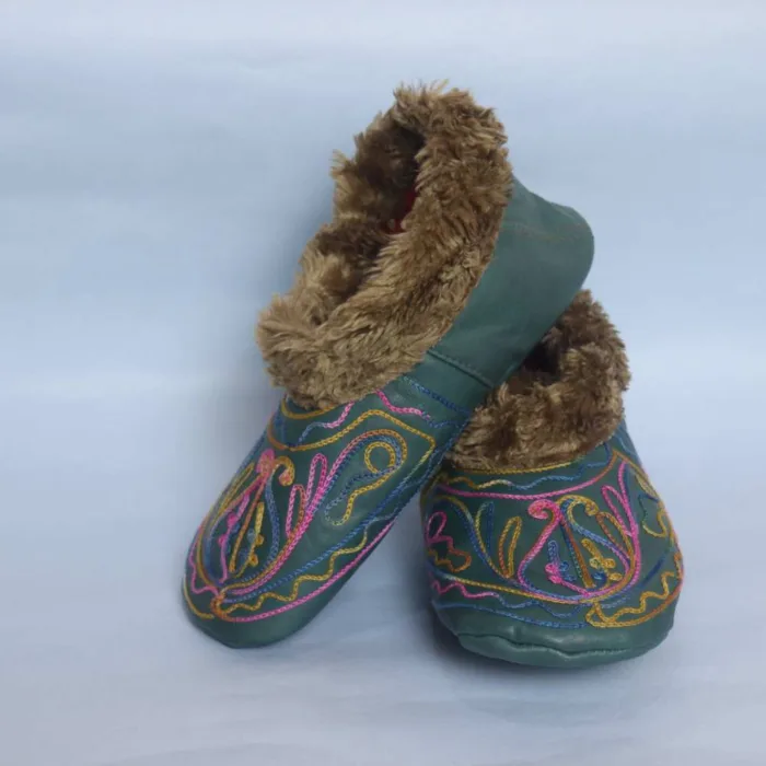 Sea Green Leather Fur Socks with Ari Embroidery (7)