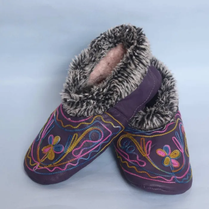 Purple Leather Socks With Black and White Fur and Ari Embroidery (7) - Bakhtawar