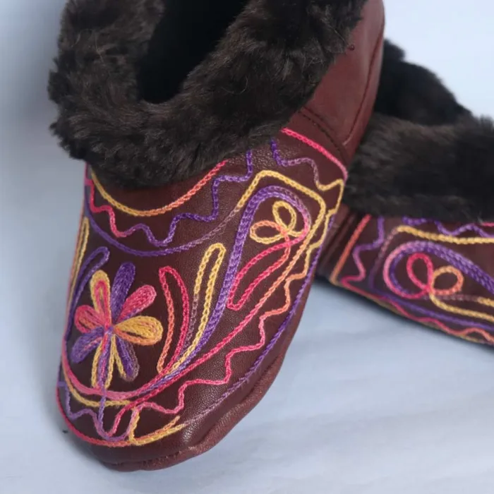 Dark Brown leather Socks with Purplish Ari Embroidery (6) - Bakhtawar - Image 2