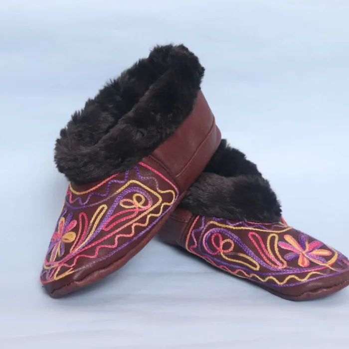 Dark Brown leather Socks with Purplish Ari Embroidery (6) - Bakhtawar