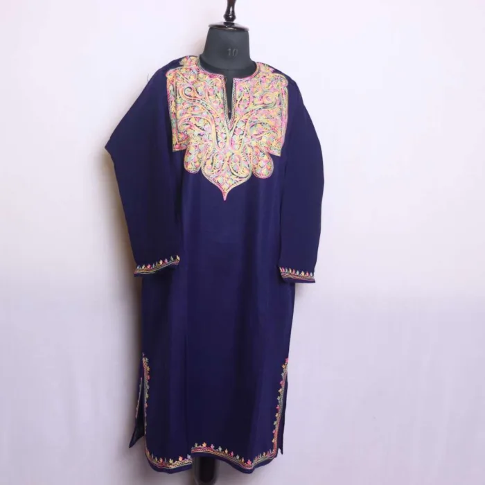 Stylish Dark Blue Cashmilon Pheran with Aari Detailing | Bagh-e-Hawal Collection - Image 2