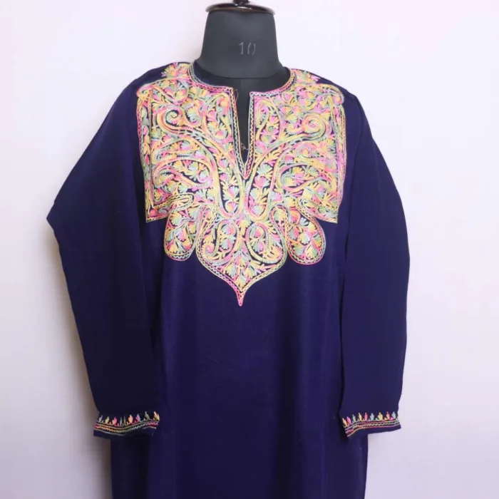 Stylish Dark Blue Cashmilon Pheran with Aari Detailing | Bagh-e-Hawal Collection