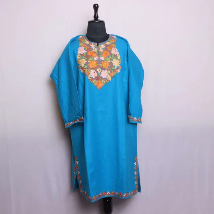 Elegant Premium Cyan Blue Cashmilon Aari Feran | Pheran for Winter Wear - Bagh-e-Hawal Collection - Image 2