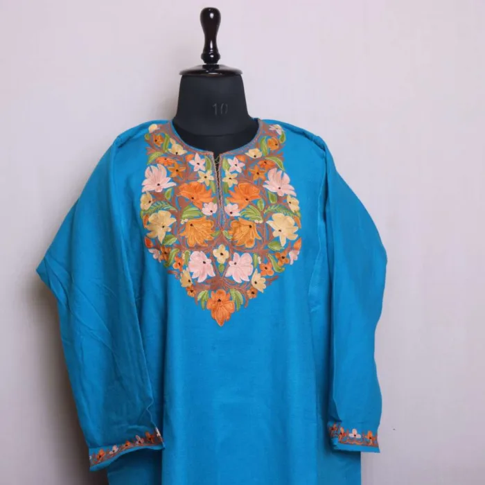 Elegant Premium Cyan Blue Cashmilon Aari Feran | Pheran for Winter Wear - Bagh-e-Hawal Collection