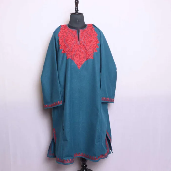 Teal Blue Pattu Tweed Loose Feran | Pheran with Aari Embroidery - Bagh-e-Hawal Collection - Image 2