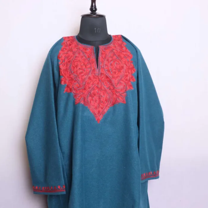 Teal Blue Pattu Tweed Loose Feran | Pheran with Aari Embroidery - Bagh-e-Hawal Collection