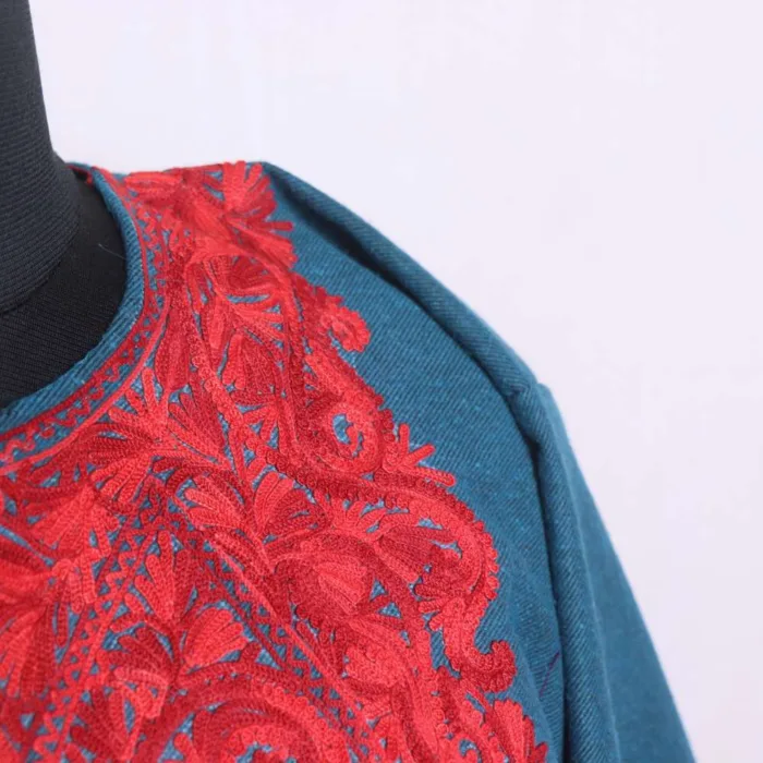 Teal Blue Pattu Tweed Loose Feran | Pheran with Aari Embroidery - Bagh-e-Hawal Collection - Image 3