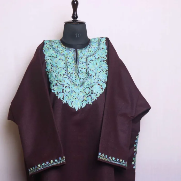 Winter Wear Wine Color Pattu Tweed Loose Feran | Pheran with Aari Work - Bagh-e-Hawal Collection