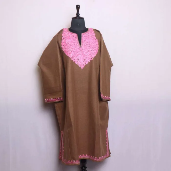 Light Brown Pattu Tweed Loose Feran | Pheran with Aari Detailing - Bagh-e-Hawal Collection - Image 2