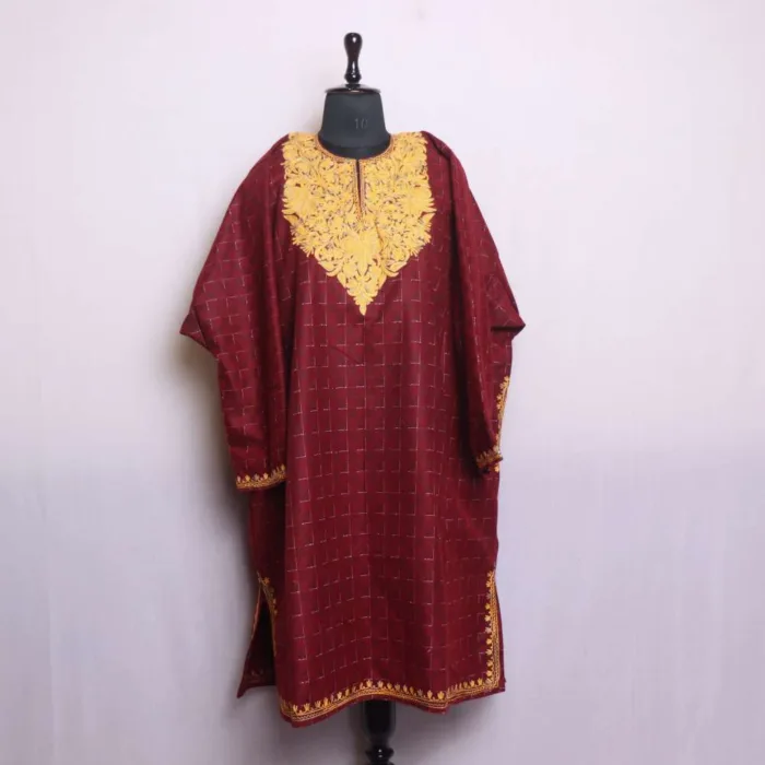 Maroon Pattu Tweed Loose Feran | Pheran for Winter Fashion with Aari Work - Bagh-e-Hawal Collection - Image 2