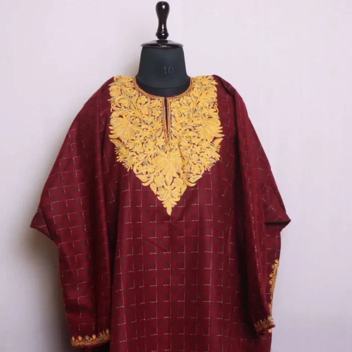 Maroon Pattu Tweed Loose Feran | Pheran for Winter Fashion with Aari Work - Bagh-e-Hawal Collection