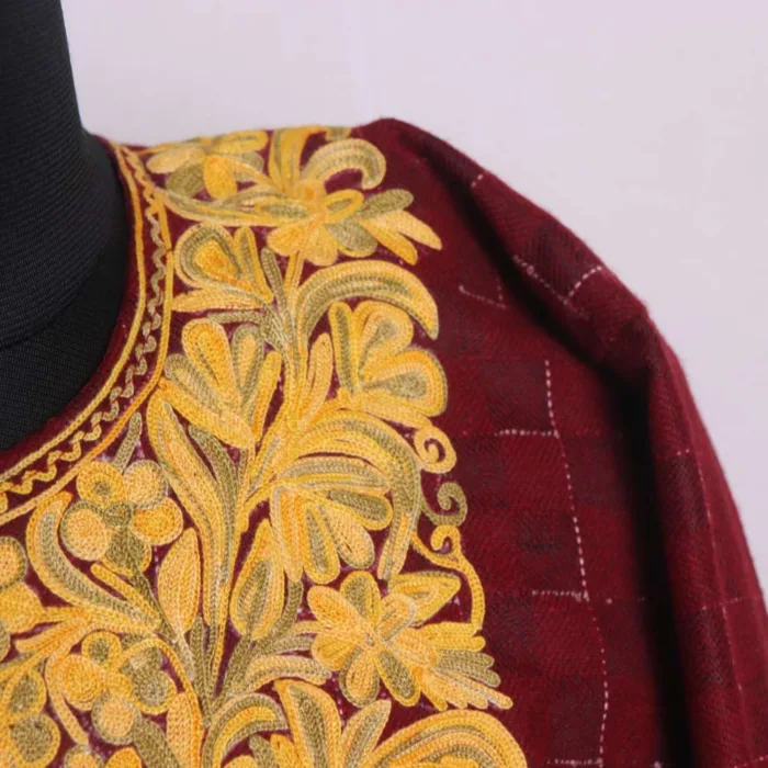 Maroon Pattu Tweed Loose Feran | Pheran for Winter Fashion with Aari Work - Bagh-e-Hawal Collection - Image 3