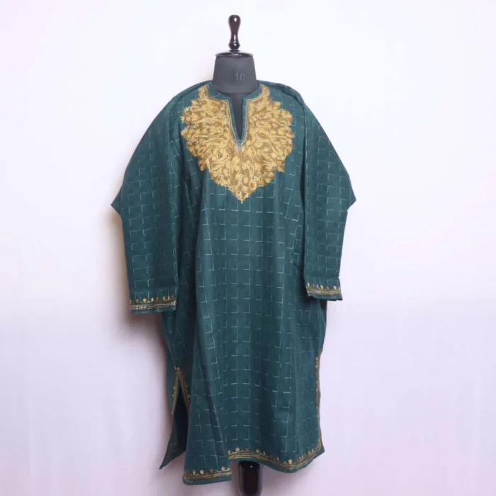 Kashmiri Dark Teal Pattu Tweed Loose Feran | Pheran with Aari Embroidery - Bagh-e-Hawal Collection - Image 2