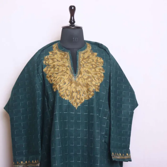 Kashmiri Dark Teal Pattu Tweed Loose Feran | Pheran with Aari Embroidery - Bagh-e-Hawal Collection