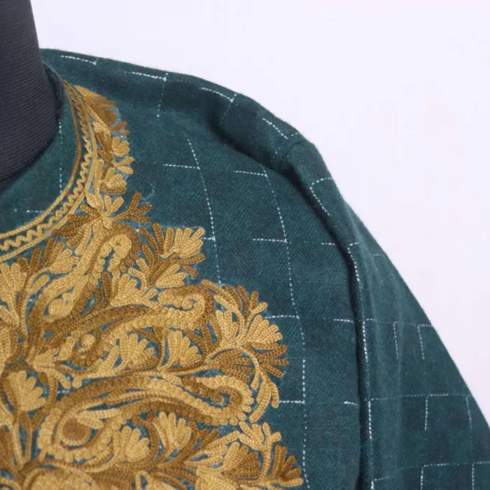 Kashmiri Dark Teal Pattu Tweed Loose Feran | Pheran with Aari Embroidery - Bagh-e-Hawal Collection - Image 3