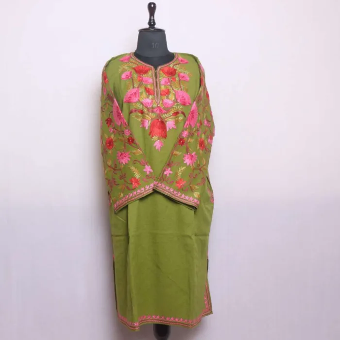 Graceful Olive Raffal Pheran | Feran with Sleeve Aari Embroidery - Rainawari Collection - Image 2