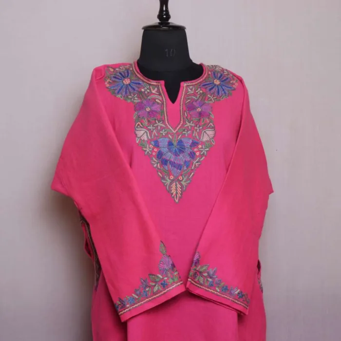 Elegant Pink Raffal Pheran | Feran with Hand Aari Embroidery - Rainawari Collection