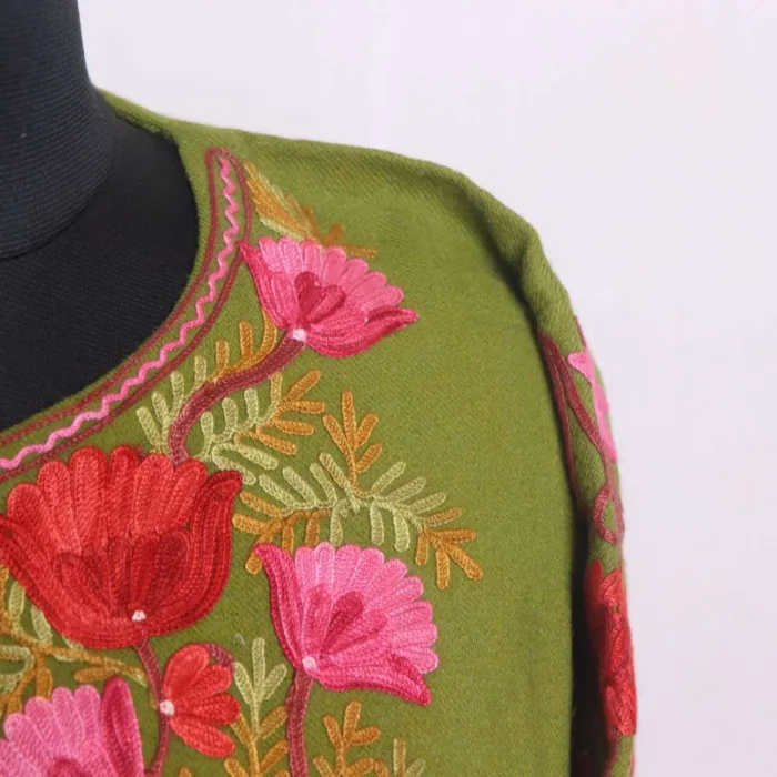 Graceful Olive Raffal Pheran | Feran with Sleeve Aari Embroidery - Rainawari Collection - Image 3