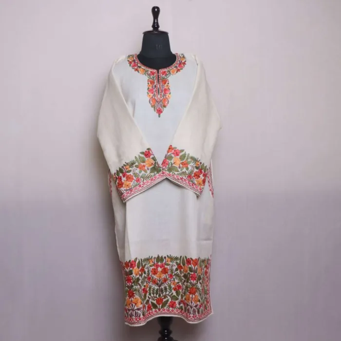 Cream Kashmiri Raffal Pheran Featuring Heavy Damaan Aari Work - Rainawari Collection