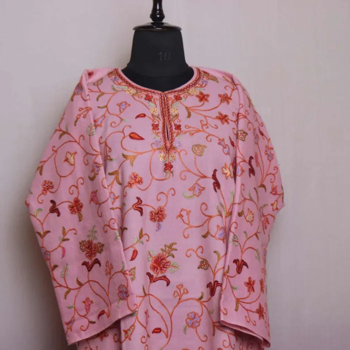 Baby Pink Kashmiri Raffal Pheran with Jaal Hand Aari Work - Rainawari Collection - Image 2