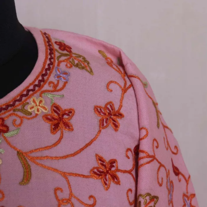 Baby Pink Kashmiri Raffal Pheran with Jaal Hand Aari Work - Rainawari Collection - Image 3