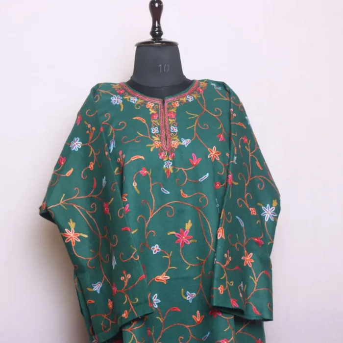 Stylish Dark Green Raffal Pheran | Feran with Elegent Jaal Hand Aari Work - Rainawari Collection - Image 2