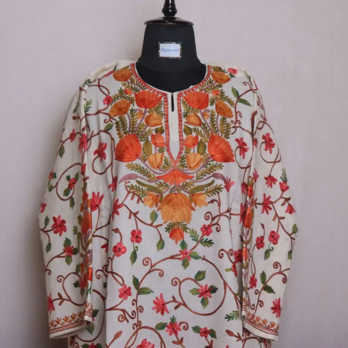 White Raffal Pheran Adorned with Jaal Aari Embroidery - Rainawari Collection - Image 2