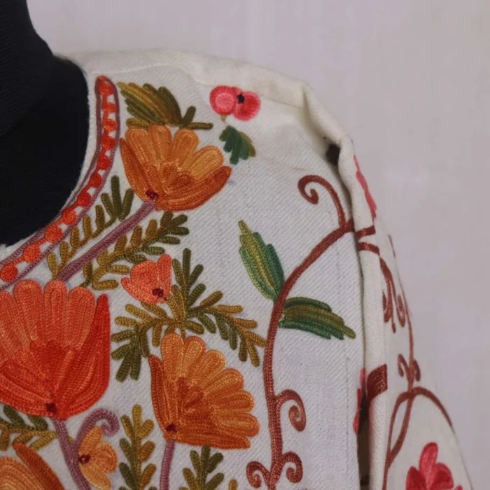 White Raffal Pheran Adorned with Jaal Aari Embroidery - Rainawari Collection - Image 3