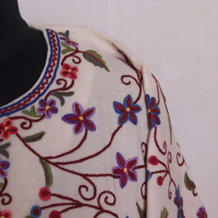 Cream Jaal Hand Aari Embroidered Raffal Pheran - Rainawari Collection - Image 3