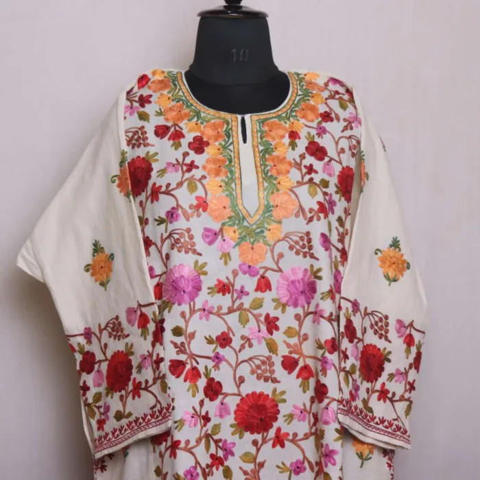 Soft Cream Raffal Pheran with Jaal Aari Embroidery - Rainawari Collection - Image 2