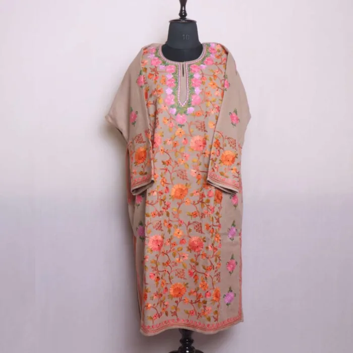 Classic Beige Raffal Pheran with Adorable Jaal Aari Design - Rainawari Collection