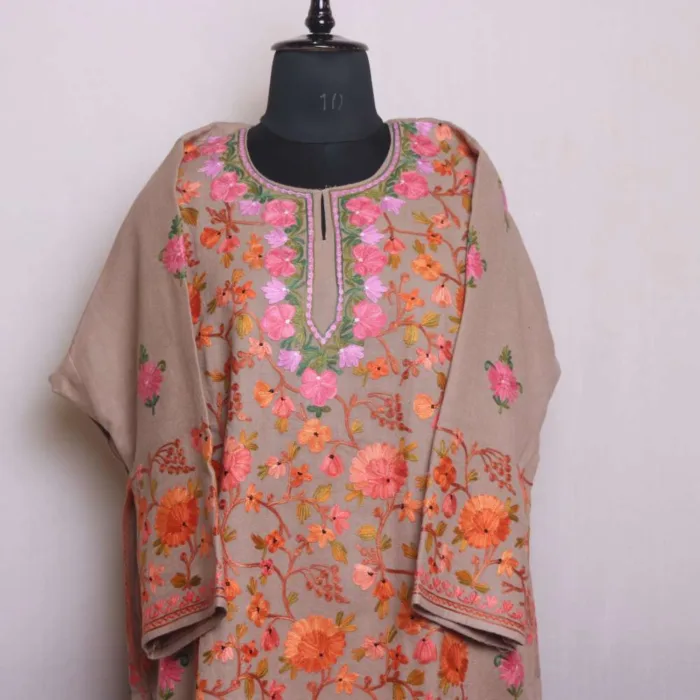 Classic Beige Raffal Pheran with Adorable Jaal Aari Design - Rainawari Collection - Image 2