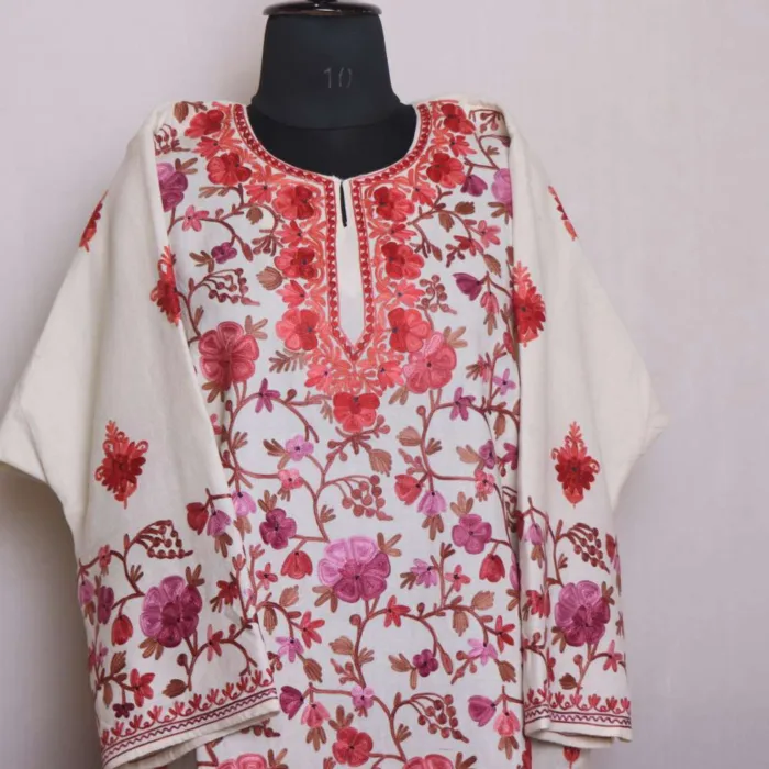 Cream Raffal Pheran with Exquisite Jaal Aari Embroidery - Rainawari Collection - Image 2