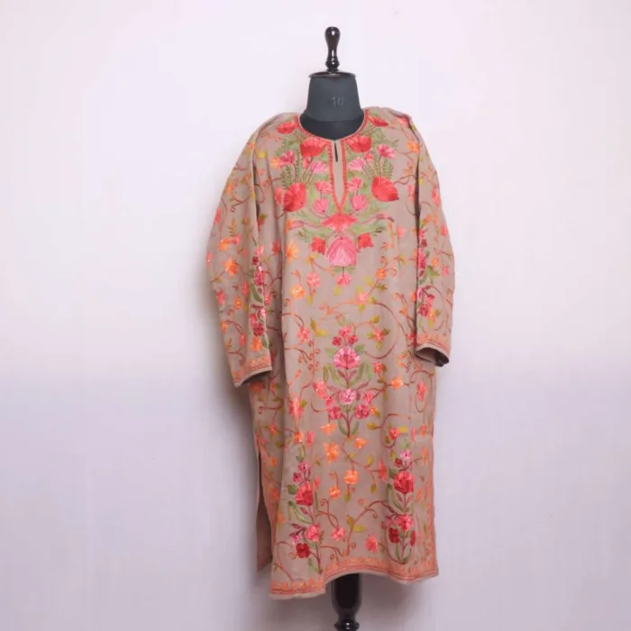 Brown Raffal Pheran | Feran with Beautiful Jaal Aari Work - Rainawari Collection